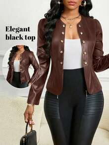 SHEIN Lady 女士PU皮机车夹克，优雅开襟黑色外套，秋冬款 - 棕色 - 查看 7