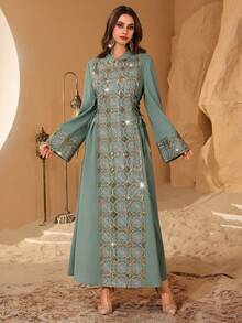 Al Najma Elegant Sequin Embroidery Side Tie Fitted Flare Sleeve Dress Kaftan Jalabiya Dress - Green - View 6