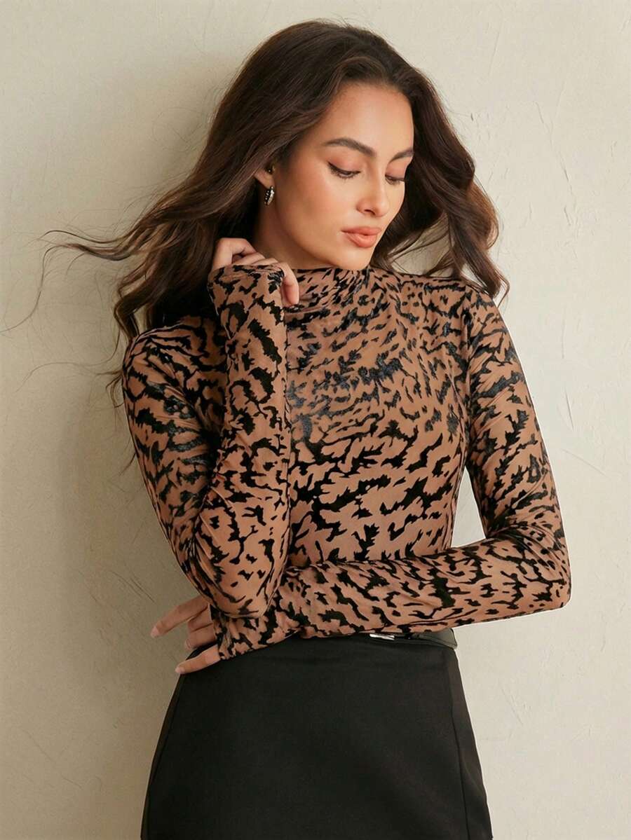 Anewsta Velvet Burnout Sheer Long Sleeve Fitted Top - Brown - View 1