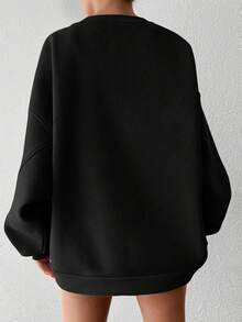 EURMUSE 100%Cotton Slogan Pattern Drop Shoulder Sweatshirt - Black - View 2