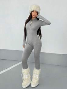 StreetHx Bộ áo liền quần dài tay màu trơn kiểu dáng đường phố dành cho nữ, có khóa kéo nửa thân, thích hợp cho mùa thu. - Màu Xám nhạt - Xem 5