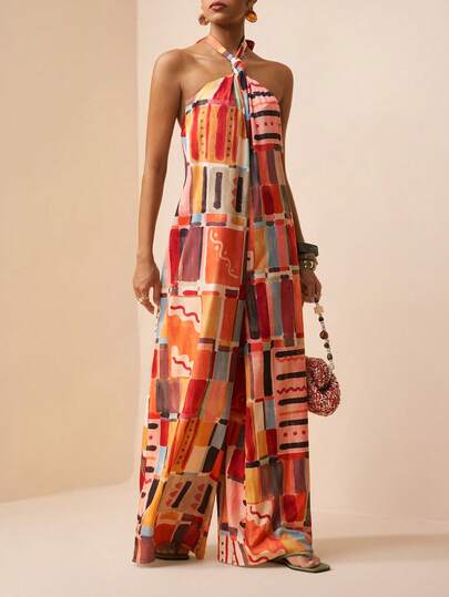 Zivah 2026 Primavera/Verano Nuevo Festival de Música, Pascua, Día de la Madre, Temporada de Bodas, Invitado de Boda, Fiesta de Cumpleaños, Uso Diario Casual, Básico Versátil, Ocio, Viaje en Crucero, Playa, Tomar el Sol, Viral, Ropa de Calle, Elegante, Casual, Cuello Halter con Lazo, Espalda Sexy Descubierta, Pantalones Anchos de Pierna Súper Holgados con Nudo Retorcido, Mono de Mujer con Estampado a Cuadros Retro Multicolor