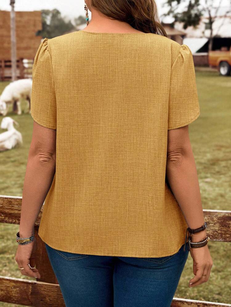Plus Size Solid Color Petal Sleeve Button-Up Shirt, Summer
