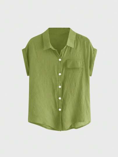 ROMWE Camisa casual de mujer de unicolor con botones delanteros y manga corta, para verano