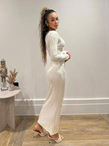 RebeccaVibe 秋冬圆领粗针织杏色长袖连衣裙 - 米色 - 查看 5