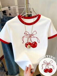 Resyla 女士圆领蝴蝶结樱桃印花休闲通勤短袖T恤 - 彩色 - 查看 1