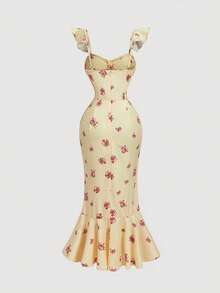 Skyraze Women's Floral Print Cap Sleeve Dress,Pale Yellow Summer Casual Party Picnic Holiday,Valentine's Day Beach Vacation Tea Party Outfit,Spring - Yellow - View 4