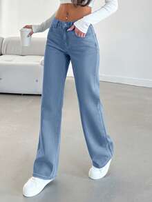 SHEIN Tall 100%Cotton LOW AIST BLACK STAIGHT CUT LONG HEM JEAN - Light Wash - View 3