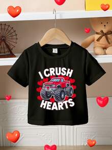 男婴舒适休闲卡车越野车图案爱心设计短袖上衣，适合婴幼儿、男童，春夏款，情人节礼物，适合休闲穿着、外出或日常穿着。 - 黑色 - 查看 2