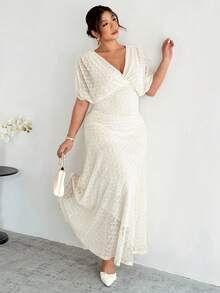 Firerie 大码女式优雅纹理面料褶皱V领松紧腰A字连衣裙，休闲度假风，春夏款 - 杏色 - 查看 7