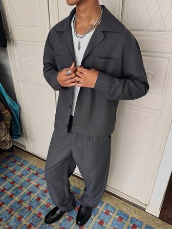 Manfinity Roghcode Set cămașă și pantaloni casual pentru bărbați, culoare solidă, pentru navetiști