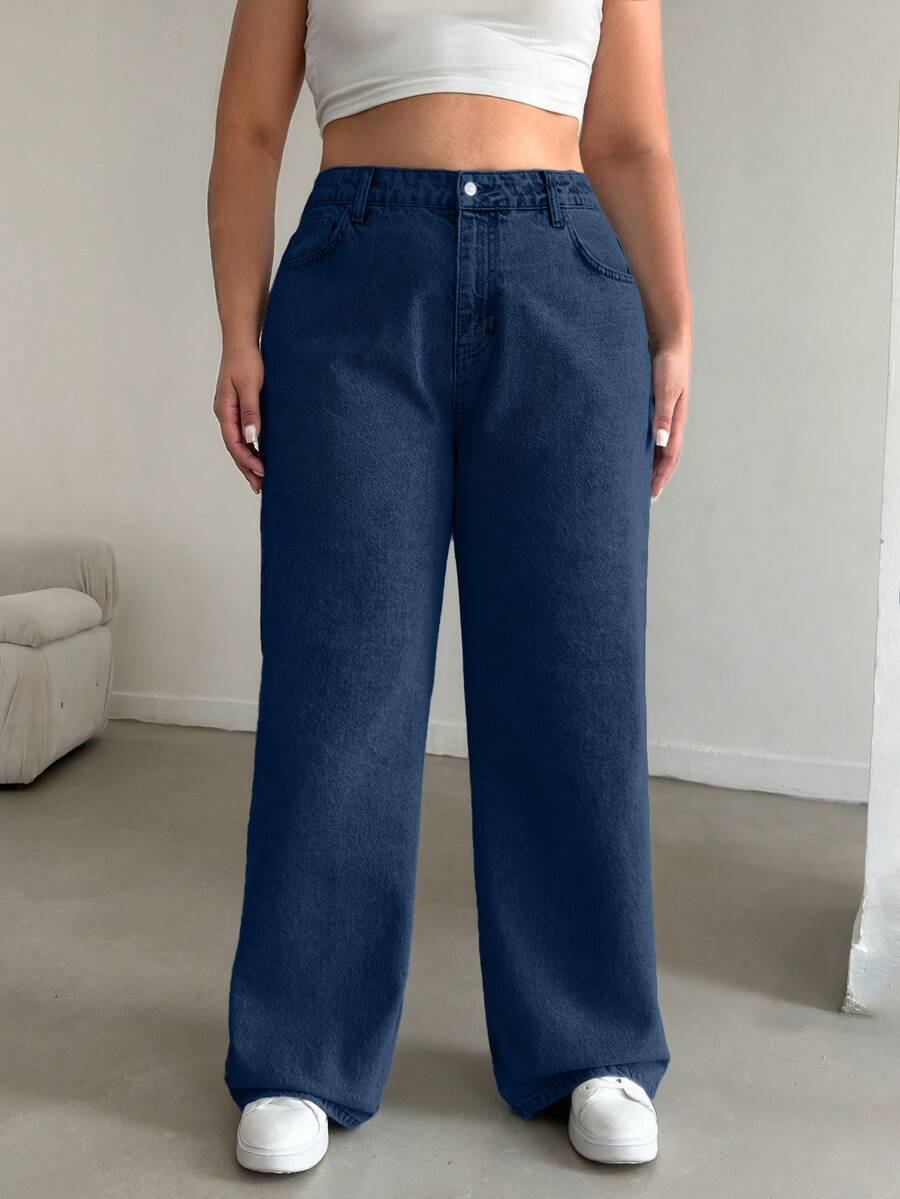 EURMUSE 100%Cotton HIGH RISE STRAIGHT CUT PLUS SZIE WOMEN JEAN - Dark Wash - View 1
