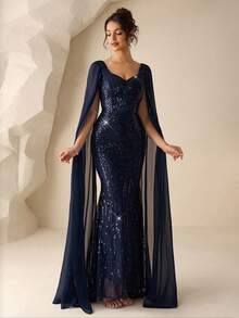 Coutiva Luxury Sequin Embellished Formal Gown, High-End Elegant Party Dress Navy Blue Formal Gown Elegant Evening Dress Gala Evening Gown Sparkle Formal Gown Formal Sequin Gown Valentines Dress Elegant Dress Sequin Dress Floral Dress Navy Blue Sequin Dress Blue Sequin Formal Dress Long Sleeve Formal Dress Blue Sparkly Dress Formal Evening Gown  Graduation Ceremony, School Opening, Music Festival, Birthday Party, Wedding, Afternoon Tea Gathering, Ball - Navy Blue - View 4