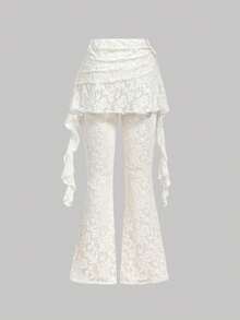 SHEIN MOD Women's Pleated 2 In 1 Flared Lace Elegant Pants, Spring/Summer, Valentines Day Outfit, Jacquard Pants, Beach Pants, Suitable For Vacation, Music Festival, Boho, Holiday Dates, Afternoon Tea, Western Style, Y2k Clothes, Apricot Pants, Royal, 2 In1, Stylish Design, Lace Pants White Flare Pants