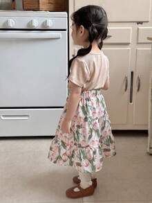 DAZY 2件套幼儿女童休闲圆领T恤和印花裙套装 - 藕粉色 - 查看 5