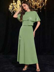 Modelyn 女士优雅圆领针织面料披肩开衫和半身裙两件套，百搭显瘦 - 薄荷綠 - 查看 7