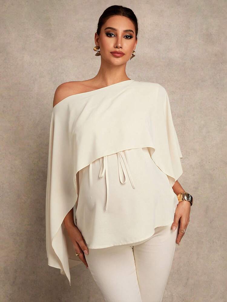MaterniChic Camisa elegante de maternidad de unicolor con cuello asimétrico y diseño de nudo 2 en 1 - Albaricoque - Añade 5