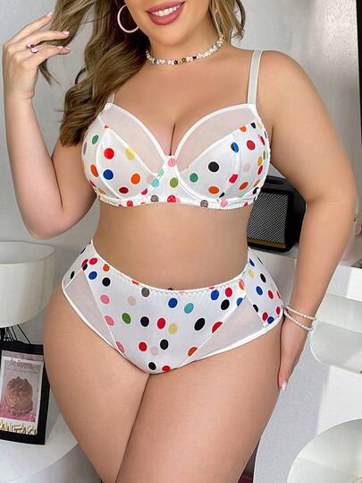 大码女士彩色波点印花网纱拼接钢圈聚拢文胸和内裤套装