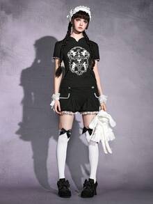 ROMWE Goth 深色藤蔓、猫、蝙蝠翅膀、鸟笼女孩剪影连帽衫，带猫耳朵紧身T恤 - 黑色 - 查看 5