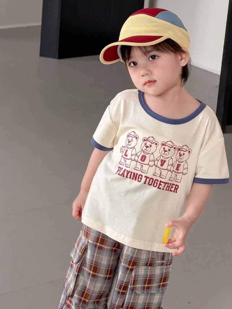 Toddler Boys' Cartoon Print Contrast Color Round Neck Short Sleeve Top
