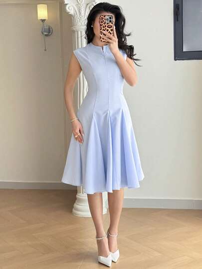 Feyla Women's Solid Color Zip Design Cap Sleeve Elegant Mini Dress