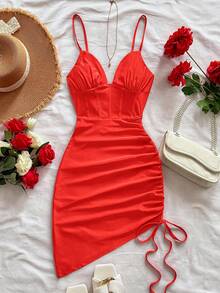 Soleia Women's Red Knitted V-Neck Fishbone Waist Ruched Asymmetric Hem Mini Slip Dress, Vacation - Red - View 6