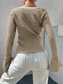 EURMUSE Cotton Contrast Binding Flounce Sleeve Tee - Beige - View 2