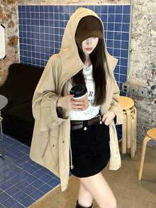 DAZY 女款純色韓式休閒風大口袋風衣，適合春秋校園穿搭 - 卡其色 - 查看 6