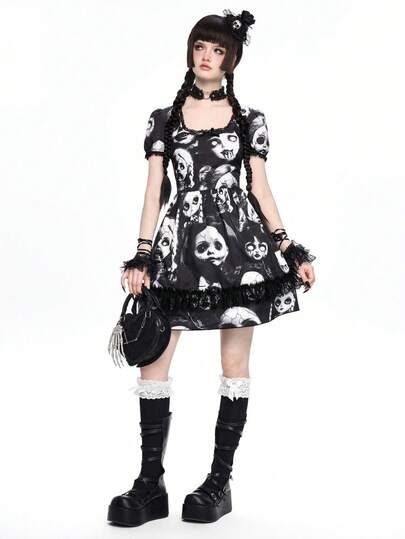 Goth Gotischer dunkelwitch Spitzen-Patchwork Puppen-Muster Kurzkleid für Frauen