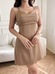 Feyla Women's Elegant Commuter Solid Color Cropped Jacket And Dress 2 Pieces Set - Khaki - View 2