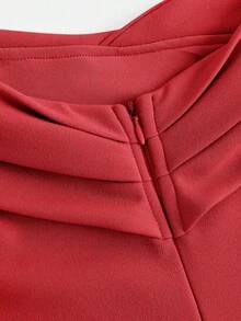SHEIN Girlism 少女露肩褶皱优雅交叉开衩下摆派对连衣裙 - 紅色 - 查看 7