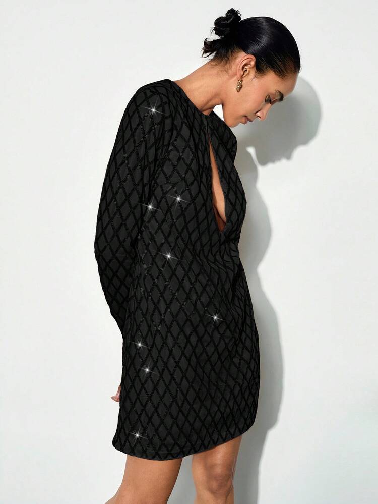 SHEIN Maija Women's Round Neck Hollow-Out Sequin Crop Dress, Urban Chic Business Casual Elegant Versatile Dress For Daily Wear, Party, Dates, Summer Black Sequin Dress Black Sparkle Dress Black Glitter Dress