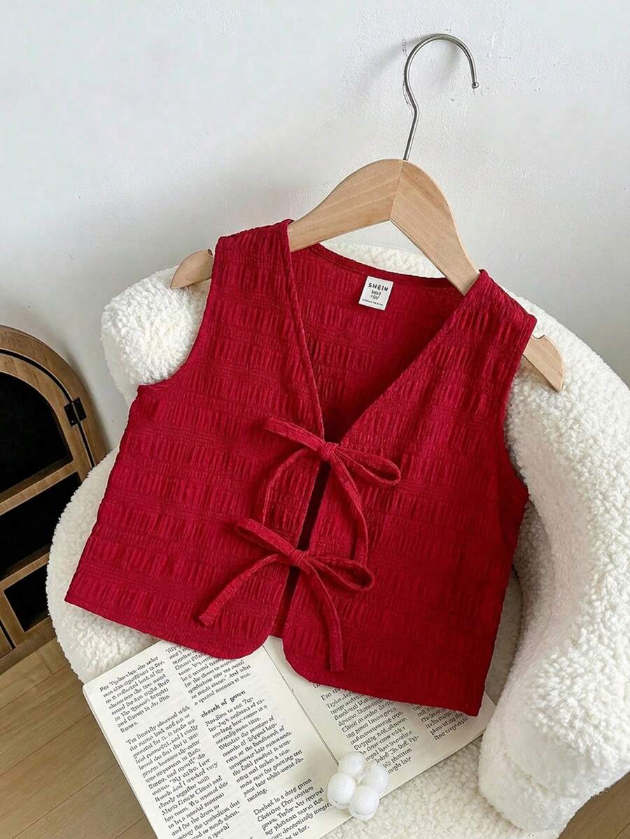 SHEIN 女童纯色休闲背心 - 紅色 - 查看 1