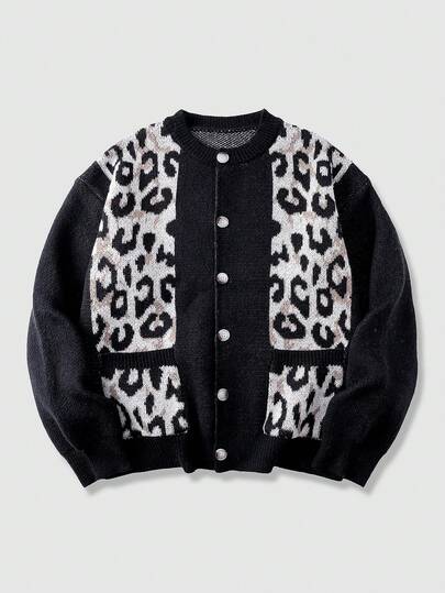 Herren Lässig Leoparden Muster Jacquard Patchwork Strickjacke, Herbst/Winter