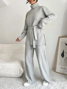 EURMUSE Turtleneck Split Hem Belted Sweater & Knit Pants - Grey - View 5