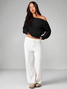 MISSGUIDED Off Shoulder Knit Sweater With Ribbed Hem And Cuffs Long Sleeve Pullover Crop Top For Fall Winter - Black - View 5