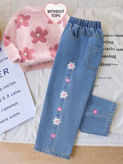 SHEIN Pants For Girls1pc Girls Casual Collegiate Floral Print Straight Leg Jeans Butterfly Jeans For Girls Denim Pants For Girls Jeans With Pink Bows Jean Pants Embroidery