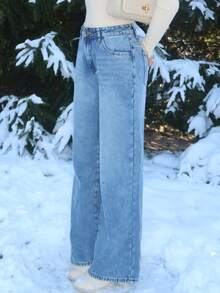 Sydney Algeri Fall/Winter Women's Pocketed Wide Leg Loose Casual Thermal Lined Jeans, Going Out Winter-Warm Khaki Fleece-Lined Distressed Low-Rise Straight-Leg Blue Jeans - Medium Wash - View 3