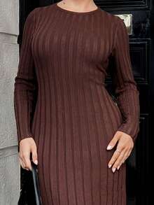 Bethéva Ribbed Solid Color Crew Neck Long Sleeve Maxi Sweater Dress Fall Winter Cloth For Women - Coffee Brown - View 3