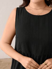 SHEIN Essnce 大码女装春夏时尚休闲宽松舒适日常百搭显瘦无袖黑色长款连衣裙，带口袋，夏季服装，度假装，简约风格 - 黑色 - 查看 6