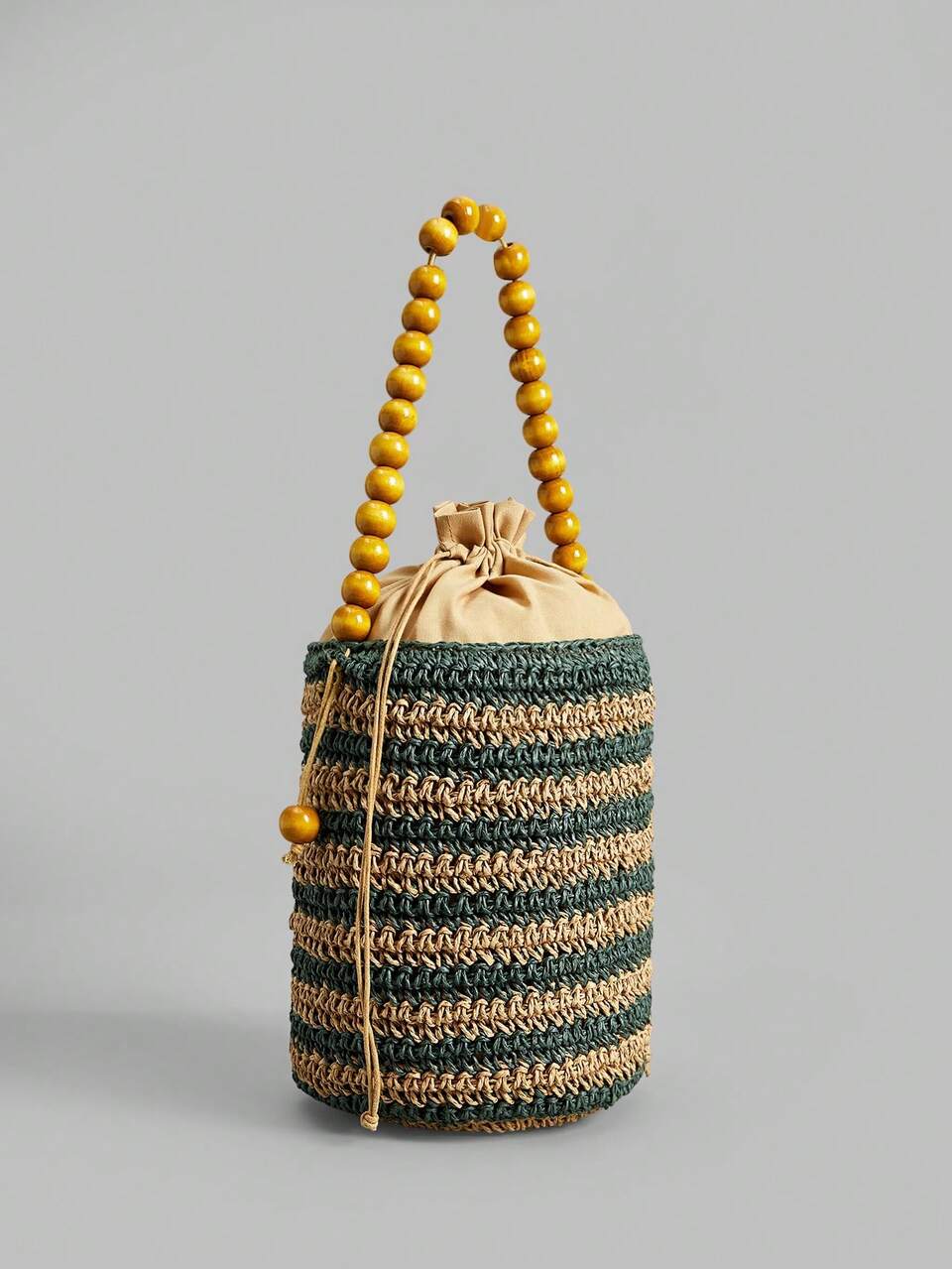 Hand-Woven Straw Striped Wooden Bead Hand-Held Barrel Tote For Vacation And Travel
