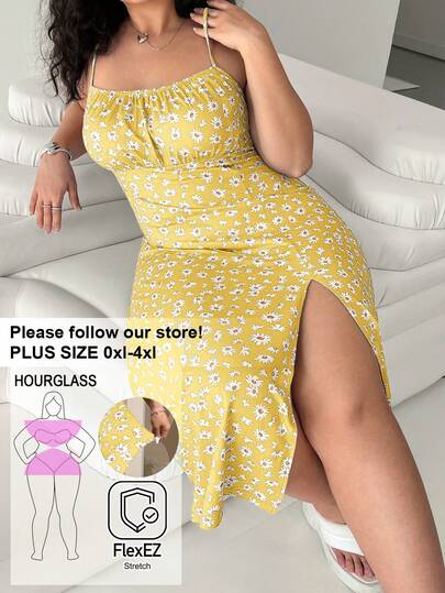 Solflare Plusstorlekar för kvinnor, Strandkläder för kvinnor, Boho, Vårkläder, Festklänning Plus, Hawaiiklänning för kvinnor, Casual klänning för kvinnor, Spaghettibandsklänning med heltäckande tryck och delad fåll