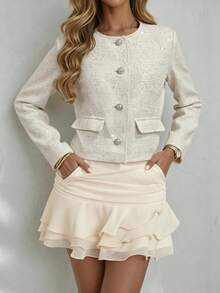 Glamine Áo khoác len pha trộn sequin màu mơ thời trang dành cho nữ, dáng rộng, cổ tròn, cài một hàng khuy, ngắn, thu/đông - Màu be - Xem 3