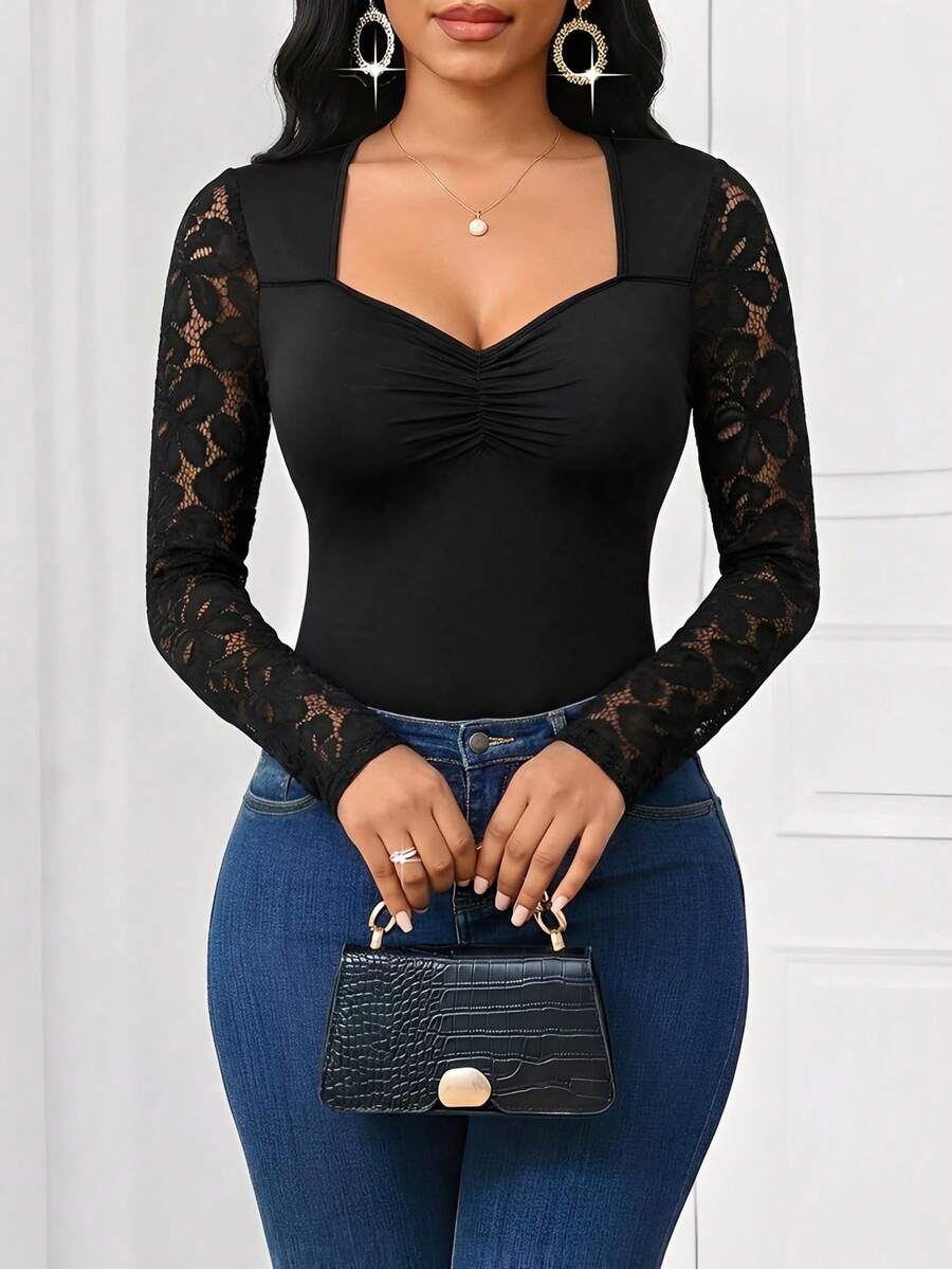 SHEIN Lady Women's Fashion Casual Sweetheart Collar Lace Long Sleeve T-Shirt - Black - View 1