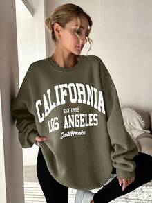 EURMUSE Letter Graphic Casual Loose Fit Crew Neck Long Sleeve Hoodie For Women - Army Green - View 4
