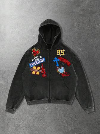 Felpa con cappuccio casual da uomo con chiusura lampo, stampa a lettere e fiamme, manica lunga