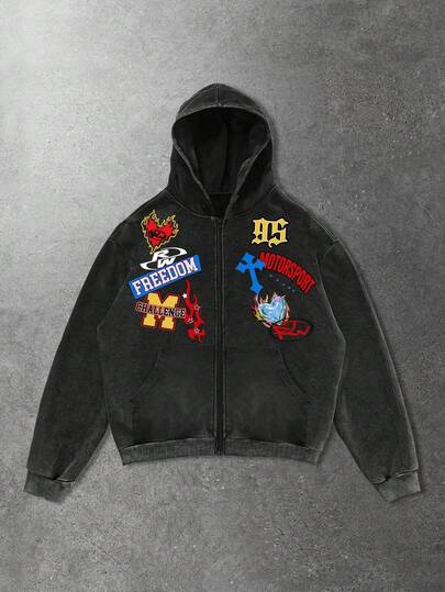 sweat-shirt à capuche zippé casual à manches longues avec imprimé lettres et flammes pour hommes