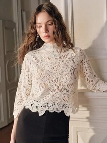 Anewsta Women's Summer Cashew Flower Hollow Out Fitted Knit Top With Slight High Collar And Flared Sleeves - Apricot - View 4