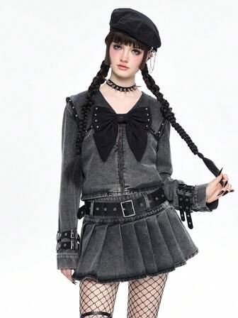 Goth Chaqueta y abrigo de mezclilla con cuello gótico y decoración de lazo en color azul marino para mujer