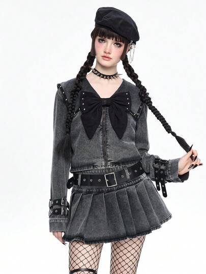 Damen Gothic Navy Kragen Schleife Dekor Denim Jacke und Mantel